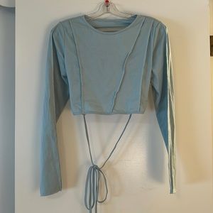 Light Blue Long Sleeve Open Criss Cross Tie Back Crop Top
